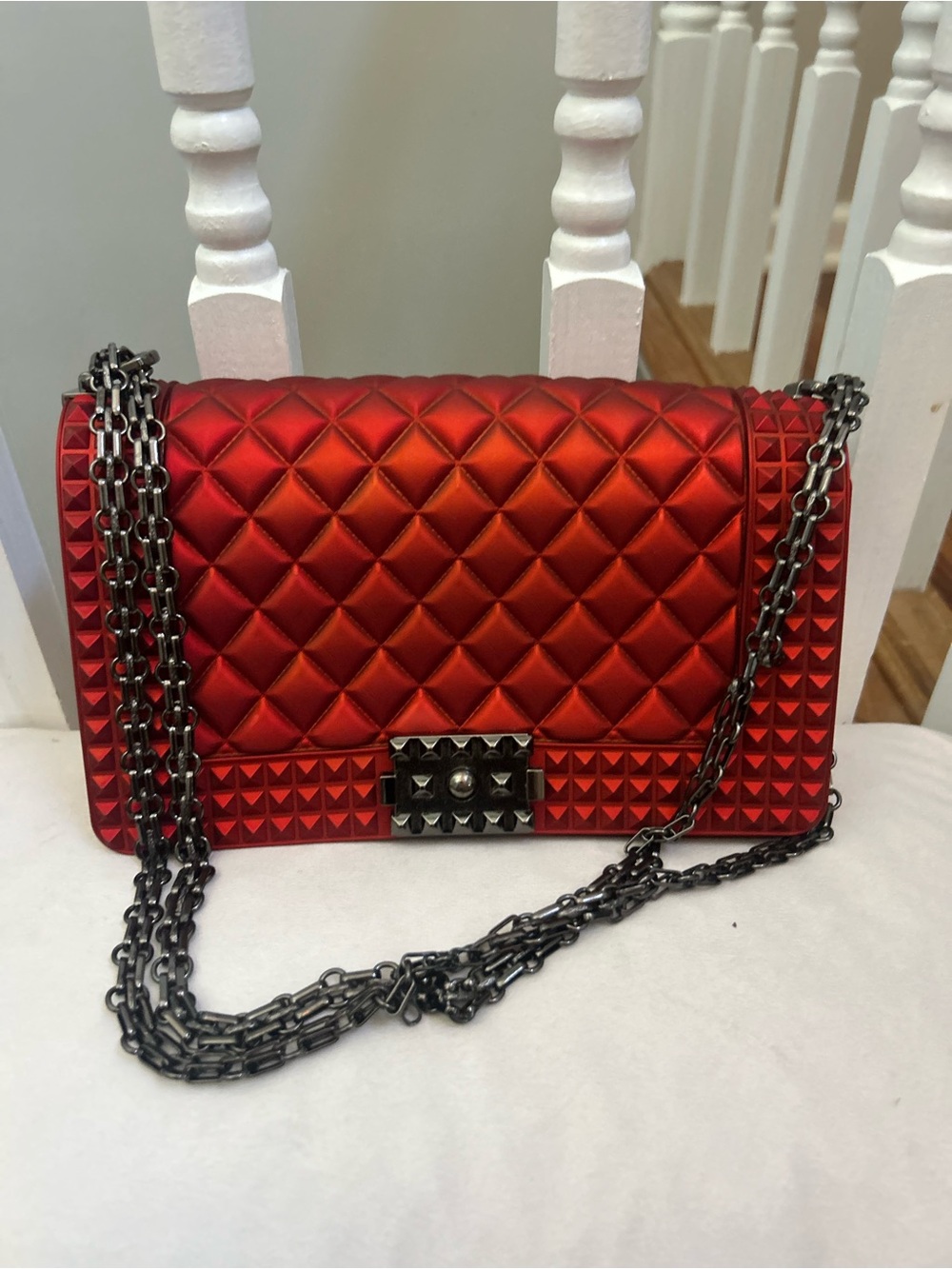 Vibrant Metallic Red Quilted and Studded Jelly Crossbody Handbag